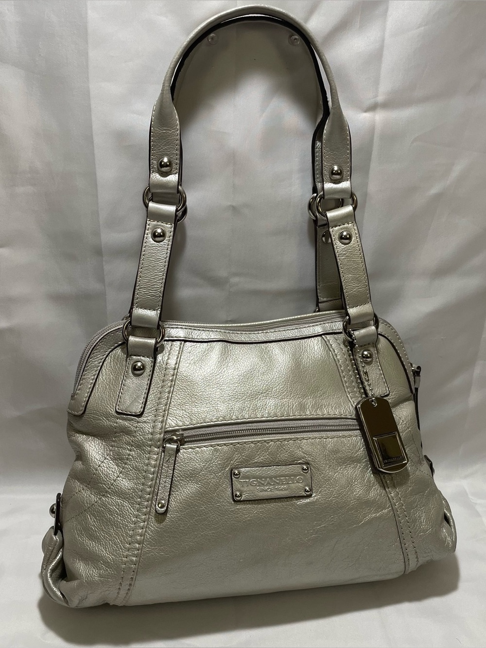 Tignanello Metallic Champagne Silver Pebbled Leather Shoulder Bag 🩶Vintage,Y2K